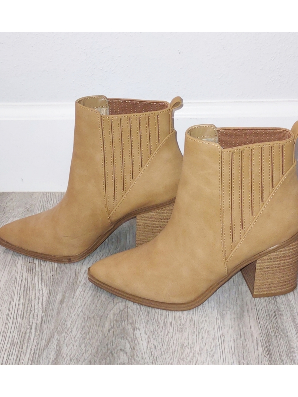 Soda Women's Tan Suede Ankle Bootie - Classic Block Heel